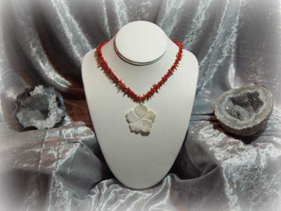 Spiney Red Coral Gem Beaded Necklace with Mother of Pearl Flower Pendant