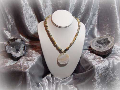 Dendritic Opal Necklace w/ Round Mother of Pearl Pendant and Bali Silver