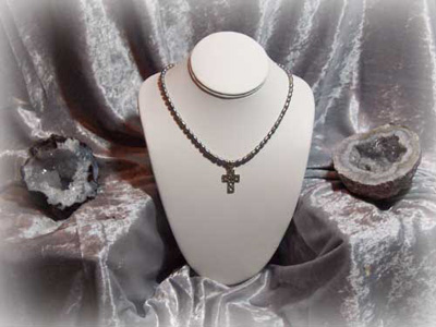 Gray Pearl Gemstone Beaded Necklace with Sterling Silver Filigree Cross